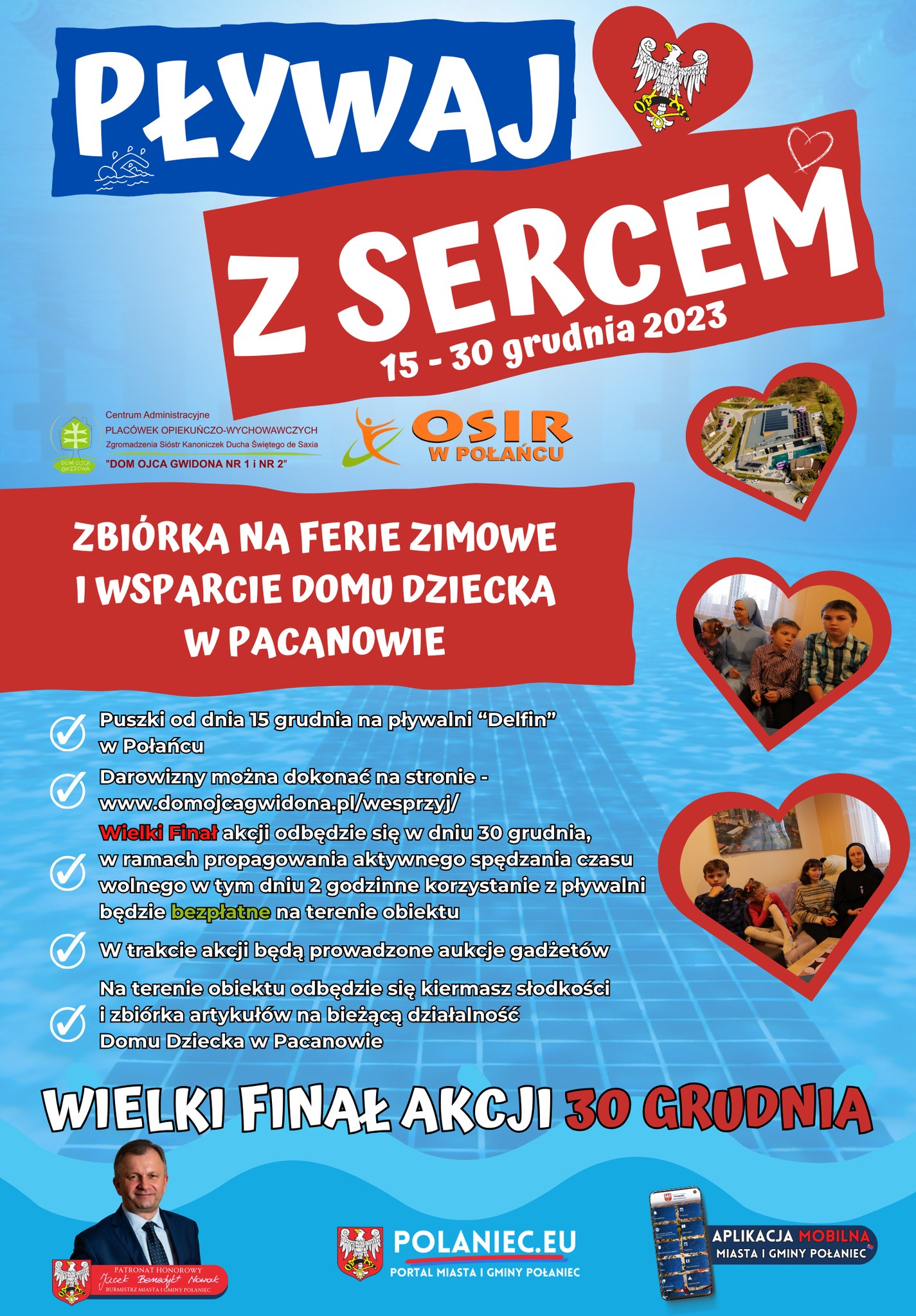 Plakat w&nbsp;kolorze niebieskim, w&nbsp;tle basen, serca herb miasta logo OSIR na&nbsp;temat akcji Pływaj z&nbsp;sercem.