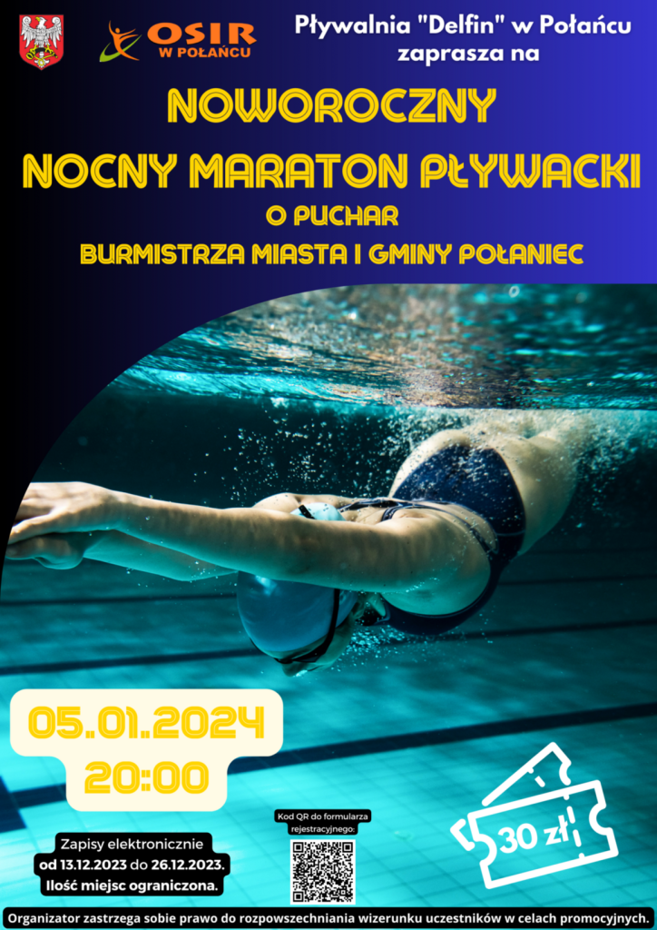Plakat z&nbsp;nocnym maratonem. Pływak na&nbsp;zdjęciu. Logo Osir herb Połańca.