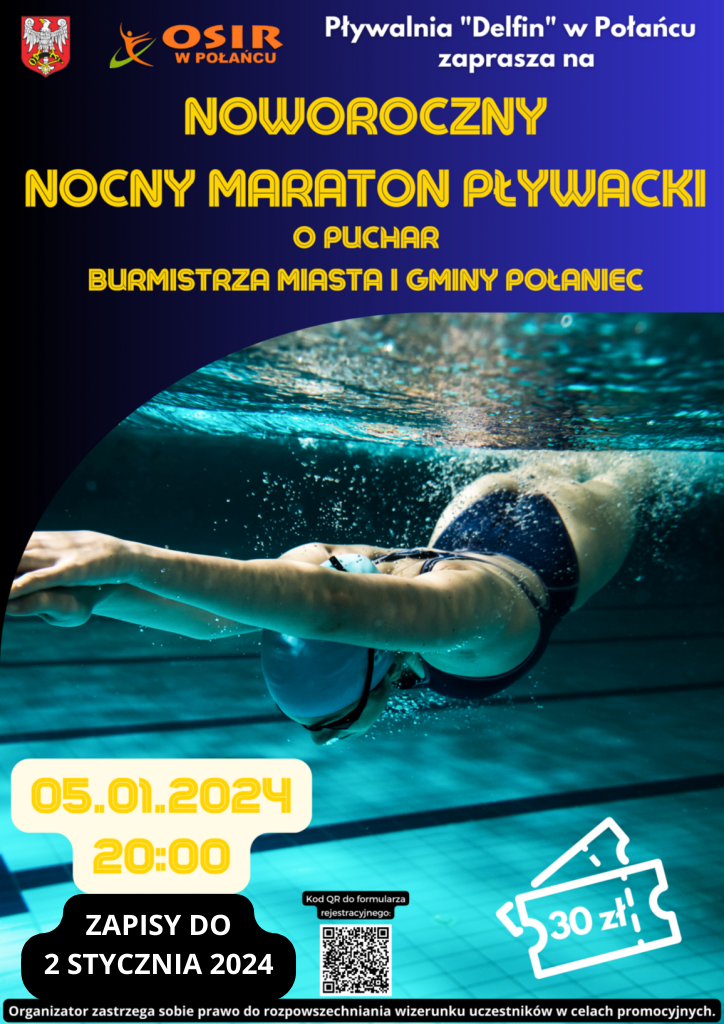 Plakat z&nbsp;nocnym maratonem. Pływak na&nbsp;zdjęciu. Logo Osir herb Połańca.