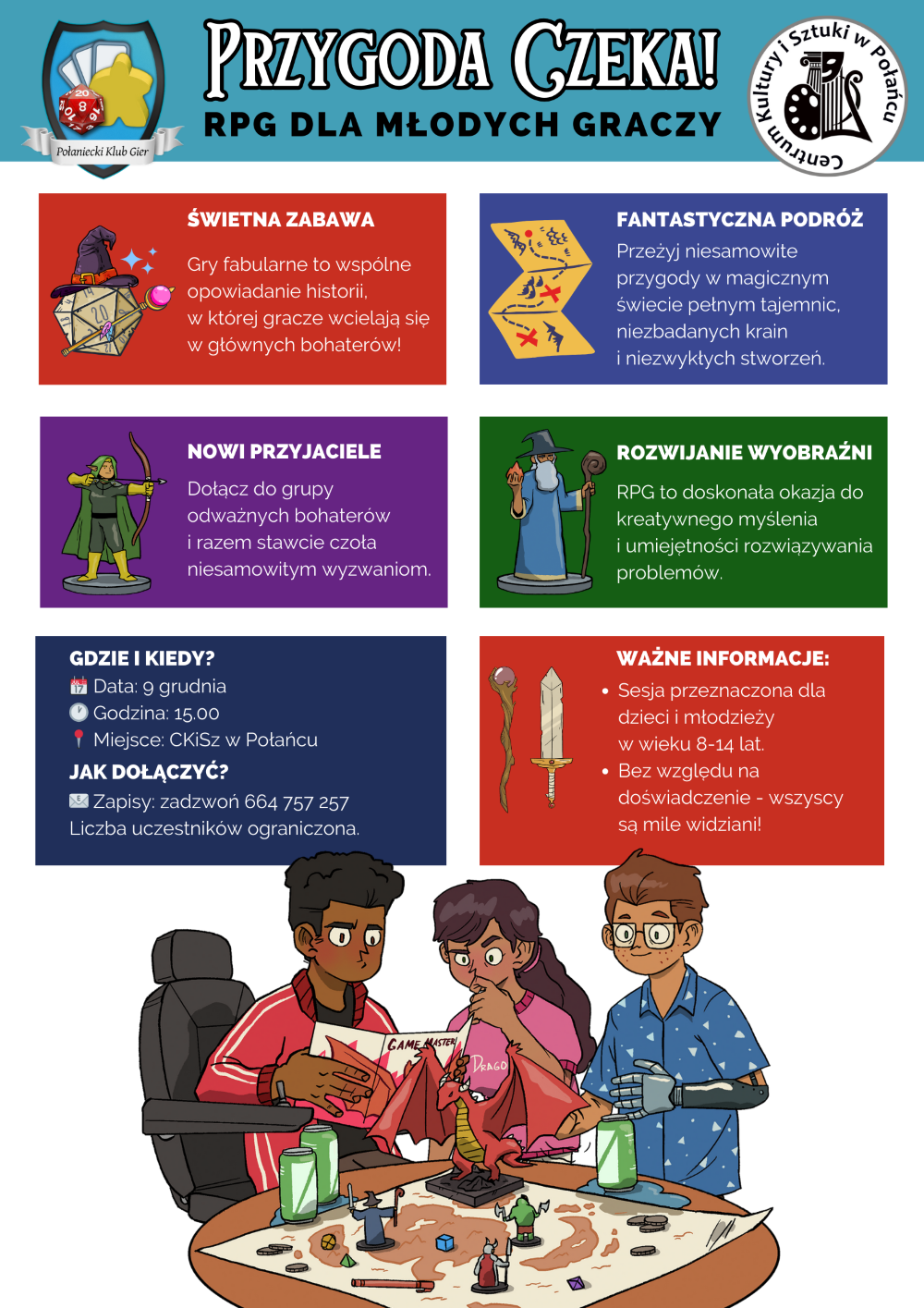 Plakat kolorowy z informacją o grach RPG.