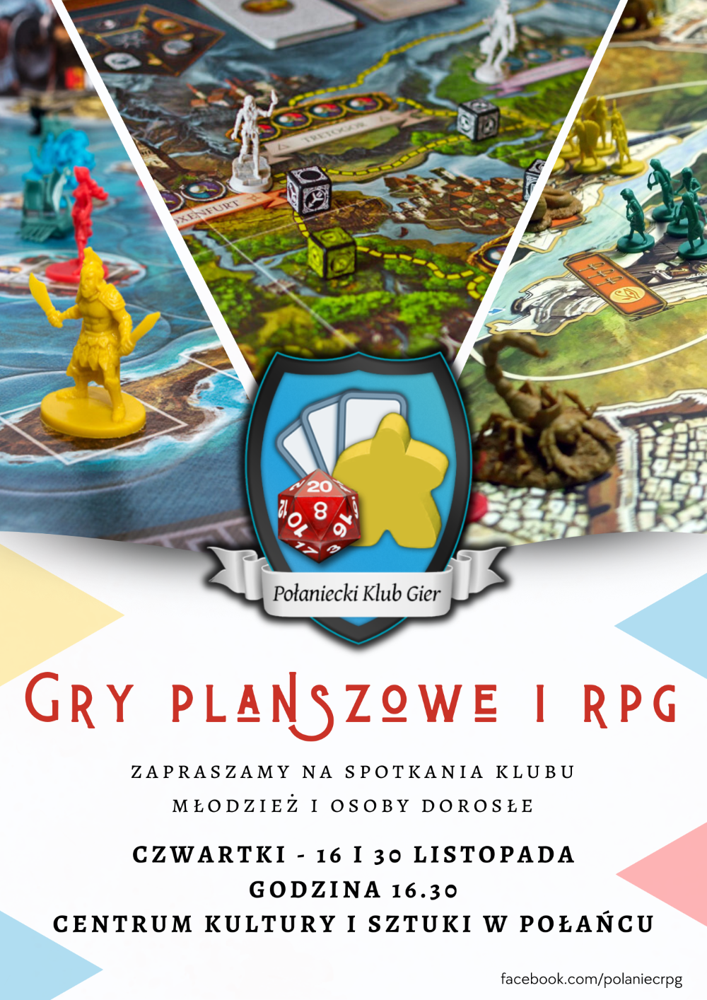 Połaniecki Klub Gier zaprasza osoby dorosłe i&nbsp;młodzież na&nbsp;swoje listopadowe spotkania z&nbsp;nowoczesnymi grami planszowymi i&nbsp;grami RPG, kt&oacute;re odbędą się:  16 listopada (czwartek) - 16:30 - 21:30, 30 listopada (czwartek) - 16:30 - 21:30.&nbsp;  Zapraszamy do Centrum Kultury i&nbsp;Sztuki w&nbsp;Połańcu.&nbsp;
