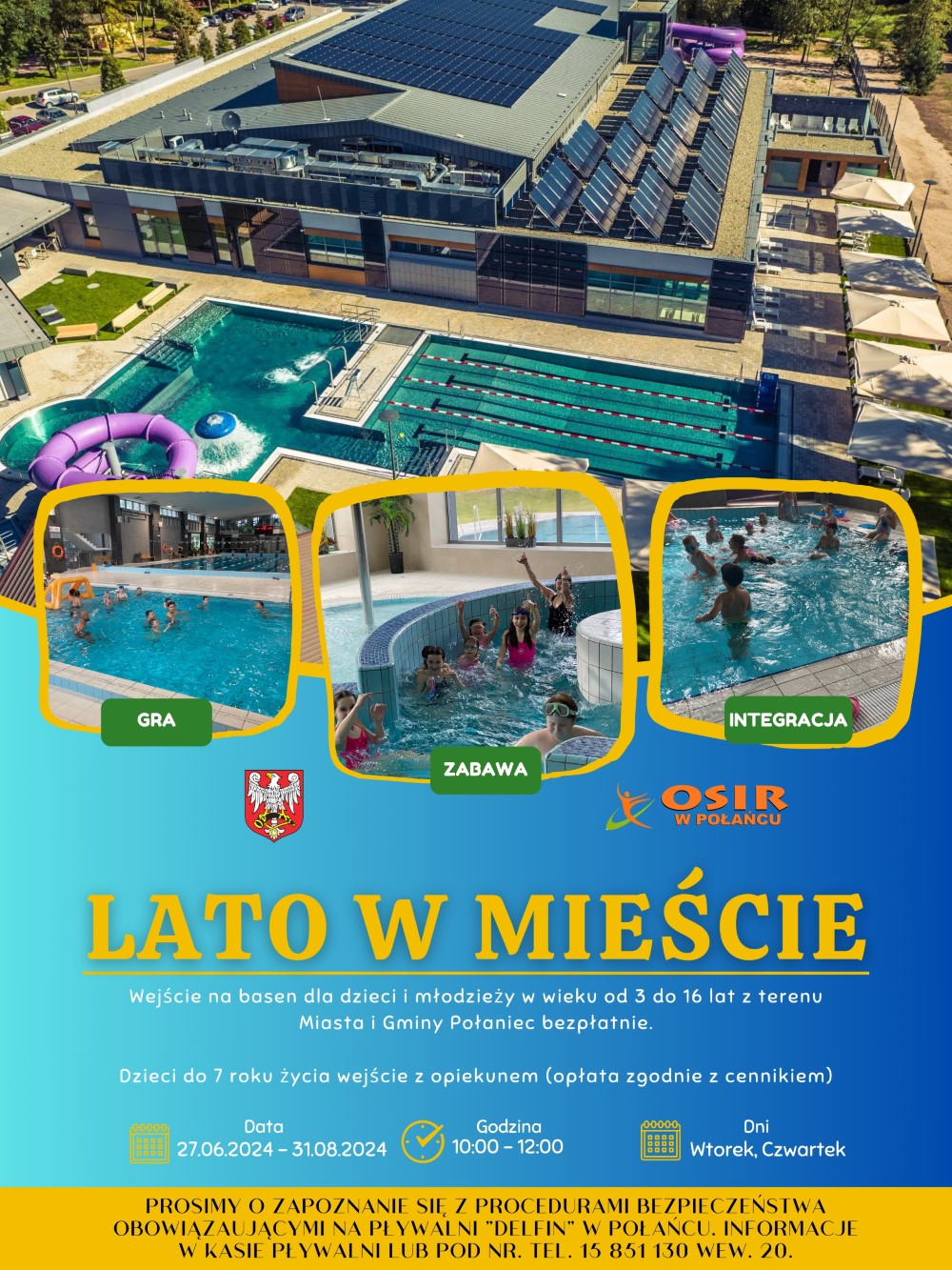 Plakat z&nbsp;basenem na&nbsp;ktorym jest oferta wakacyjna dla dzieci