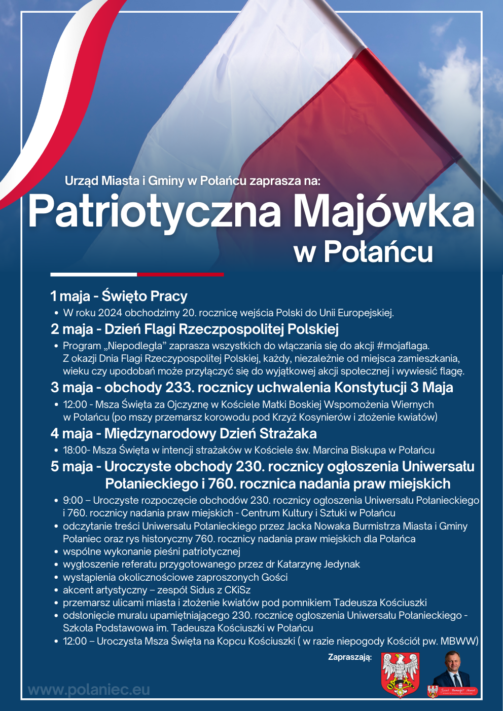 Plakat z flagą Polski - biało czerwoną i kolor niebieski plakatu. 