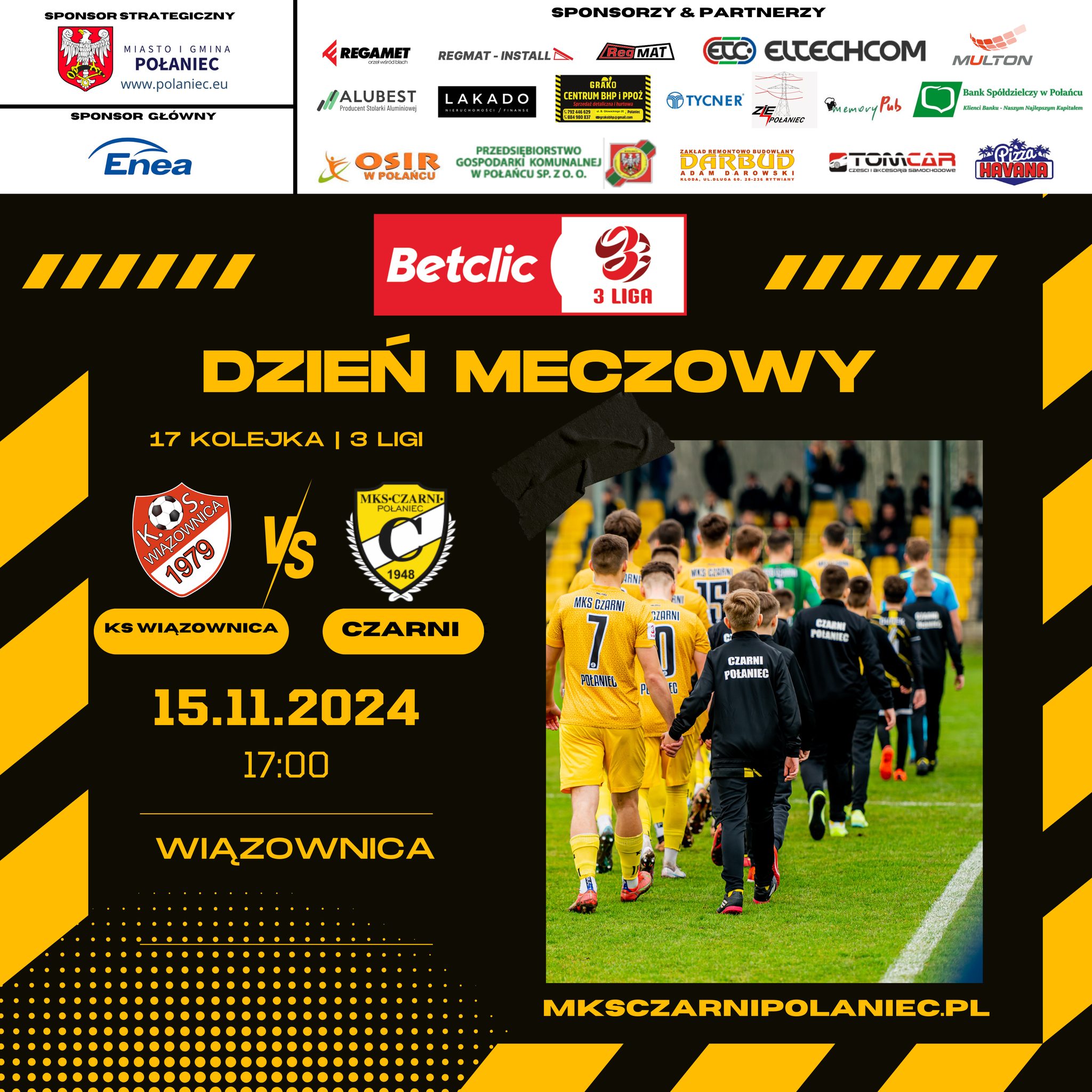 plakat Czarnych Polaniec z&nbsp;dzisiejszym meczem wyjazdowym do Wiązownicy. W kolorach czarnych plakat.