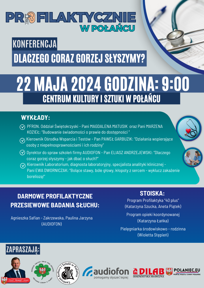 Plakat z&nbsp;przychodnia zdrowia wydarzenie z&nbsp;22 maja 2024 roku w&nbsp;ckisz w&nbsp;Połańcu.