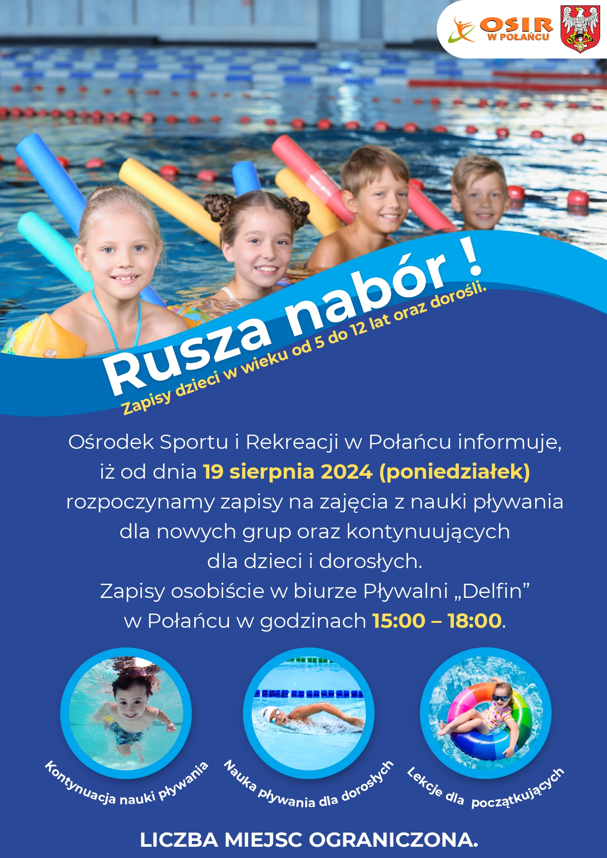 plakat z&nbsp;nauka plywania w&nbsp;kolorze niebieskim.