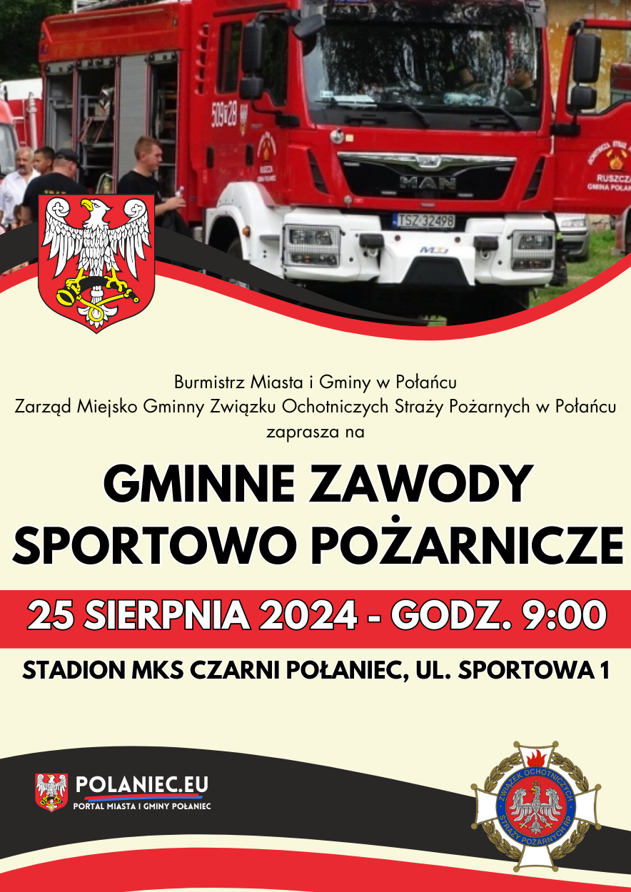 PLAKAT z&nbsp;zawodami strazackimi, samochod strazacki
