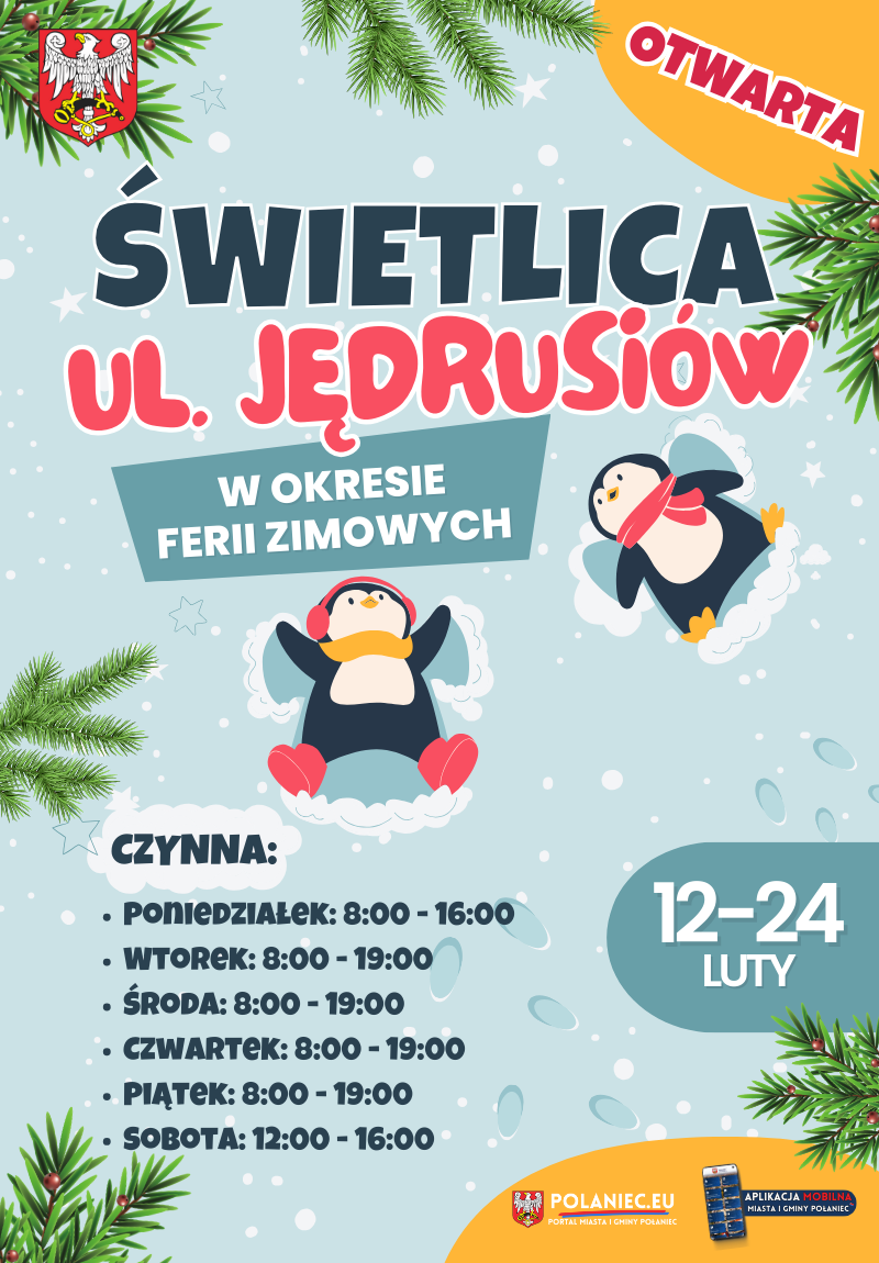 Plakat z&nbsp;informacją godzinową otwarcia świetlicy. kolor błękitny, płatki sniegu.