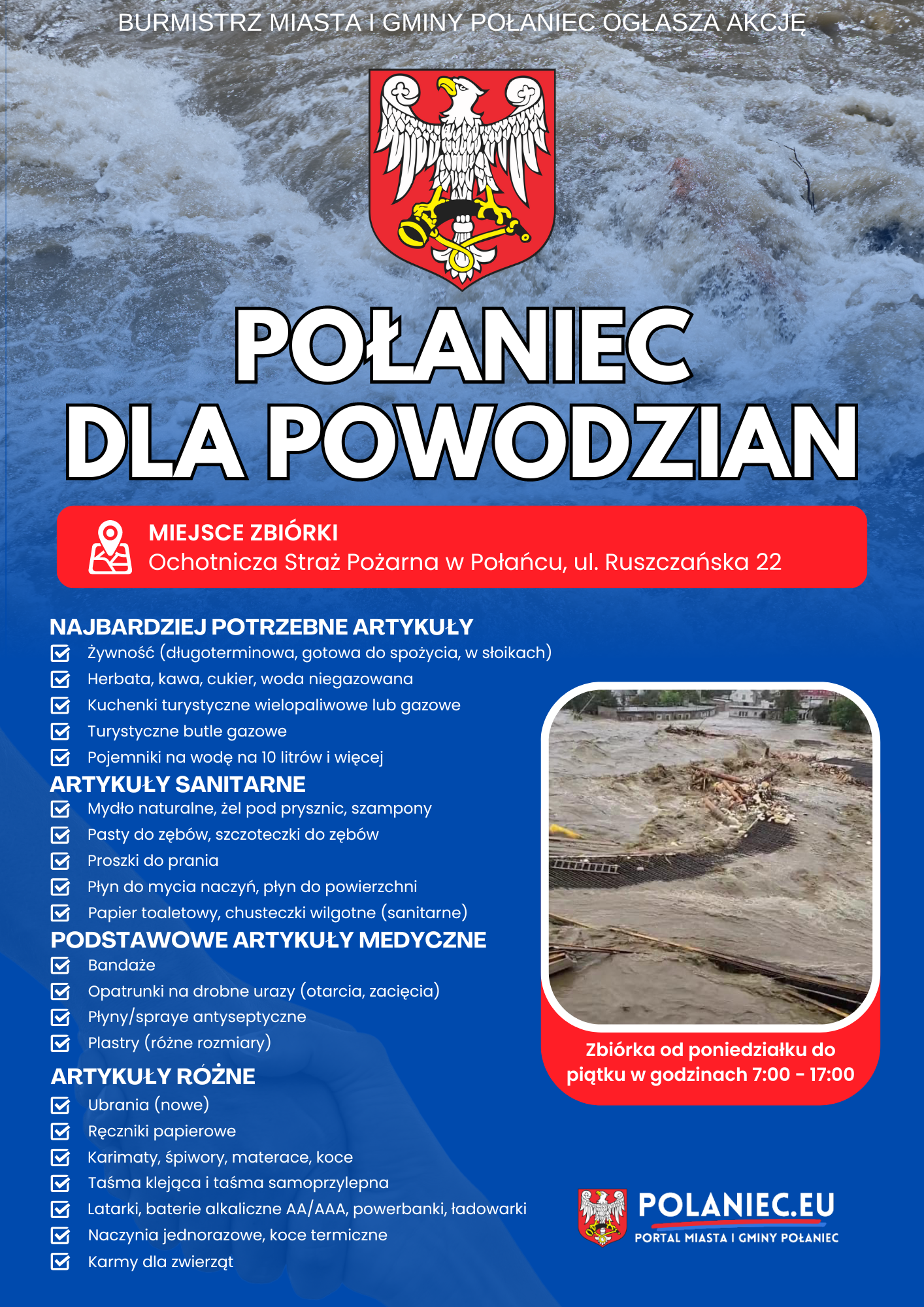 plakat z&nbsp;pomocą dla powodzian woda, kolor niebieski