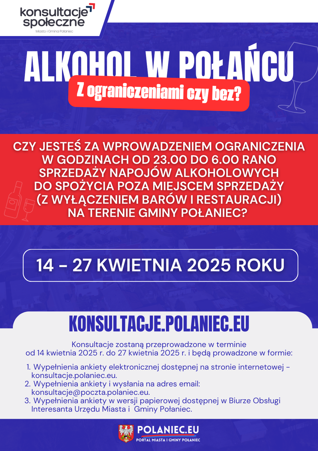 Plakat w&nbsp;kolorach biało granatowy czerwony dotyczący konsultacji społecznych dot. alkoholu w&nbsp;Połańcu