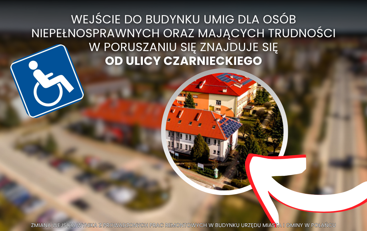 Widoczny budynek urzedu w&nbsp;Połańcu, ze strzałką kt&oacute;re prezentuje wejście do buntku. Zdjęcie z&nbsp;lotu ptaka.