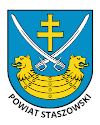 Logo powiatu staszowskiego niebieskie tło z dwiema szablami krzyżem u góry i łodzią u doł