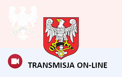 Ikonografika flaga połańca z godłem na środku orzeł na czerwonym tle. U dołu napis transmisja online