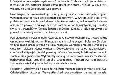 Zdjęcie do Relacja z wycieczki w ramach Programu Ministerstwa Edukacji i Nauki pn. &bdquo;Poznaj Polskę&rdquo; WIELICZKA, KRAK&Oacute;W