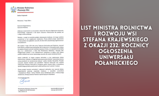 Zdjęcie do List Gratulacyjny Ministra Rolnictwa i Rozwoju Wsi Stefana Krajewskiego z okazji 232. rocznicy Ogłoszenia Uniwersału Połanieckiego