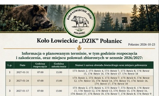 Zdjęcie do Plan polowań zbiorowych Koła Łowieckiego &bdquo;DZIK&rdquo; w Połańcu na sezon 2026/2027
