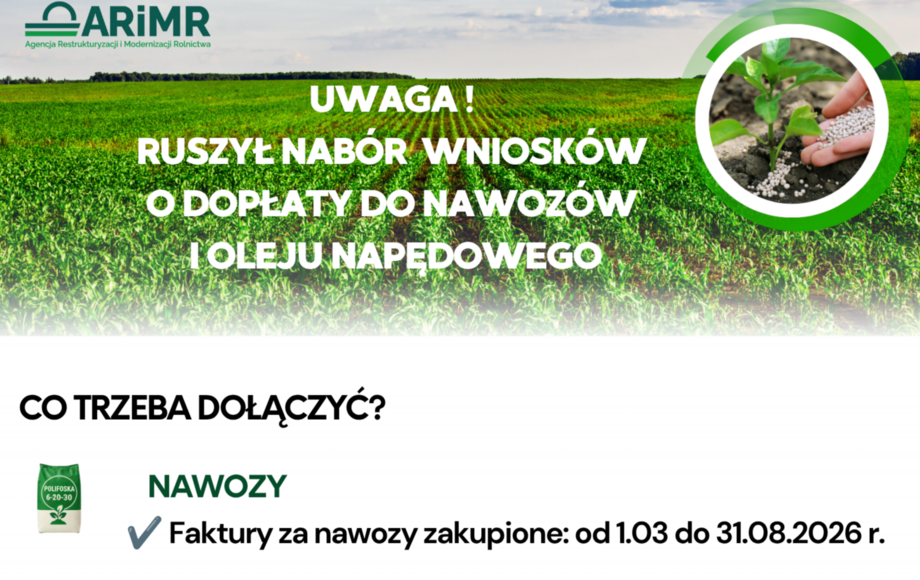 Nabór wniosków ARiMR o dopłaty do nawozów i oleju napędowego